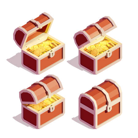 Open and Closed Pirate Chests Full of Gold Coins. Isometric Vector Illustrationのイラスト素材