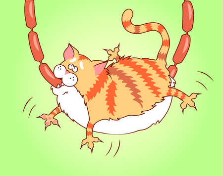 Illustration of greedy cat hanging on sausageのイラスト素材