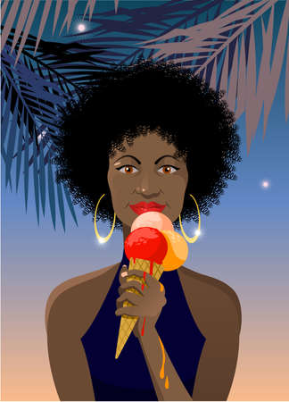 Illustration of african girl with melting icecream in her hand  のイラスト素材