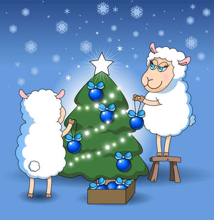 lllustration of two sheep decorate a Christmas treeのイラスト素材
