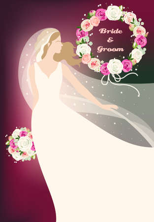 Illustrarin of bride with wedding bouquet and wreath made of rosesのイラスト素材