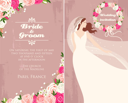 Illustration of wedding invitation with bride and rosesのイラスト素材