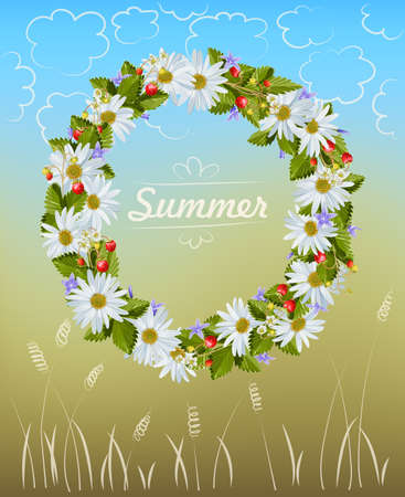 Wreath of camomile, wild strawberries and bellflowersのイラスト素材