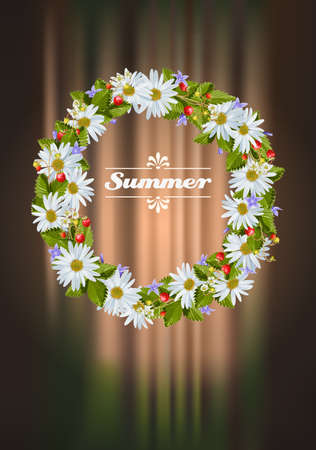 Wreath of camomile, wild strawberries and bellflowersのイラスト素材