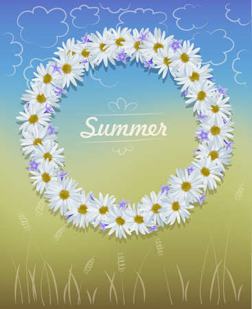Illustration of wreath made of camomile and bellflowersのイラスト素材