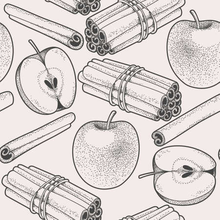 Seamless background with hand drawn apple and cinnamonのイラスト素材