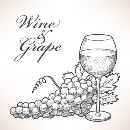 Hand drawn composition of wine and grapeのイラスト素材