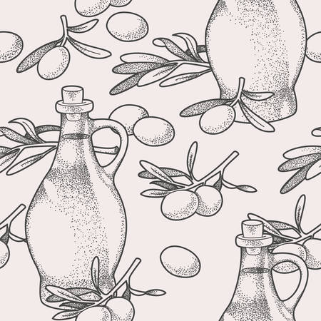 Hand drawn olive oil and olives seamless backgroundのイラスト素材