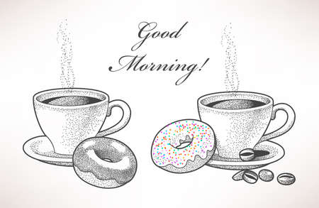 Hand drawn illustration of coffee and donutsのイラスト素材