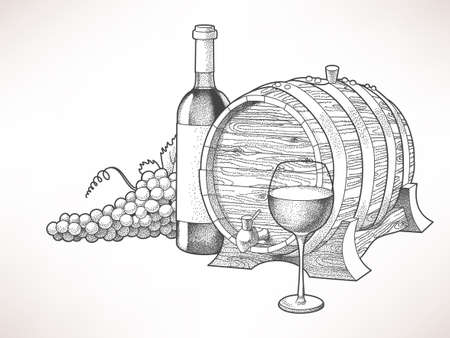 Hand drawn illustration of wine and grapeのイラスト素材