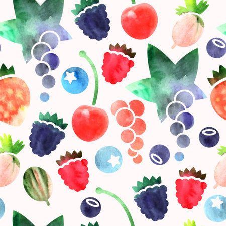 Various berries painted  in watercolors seamless background