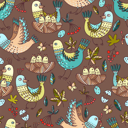 Decorative birds, chicks and fruit seamless backgroundのイラスト素材