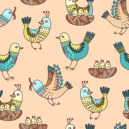 Illustration of birds in the nest, chicks and eggsのイラスト素材