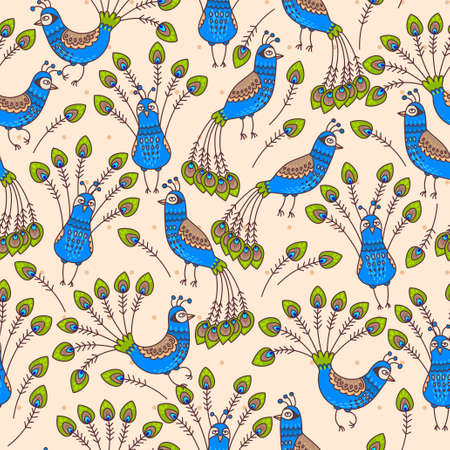 Decorative peacocks and peacock feathers seamless backgroundのイラスト素材