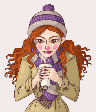Illustration of beautiful girl with take away coffeeのイラスト素材