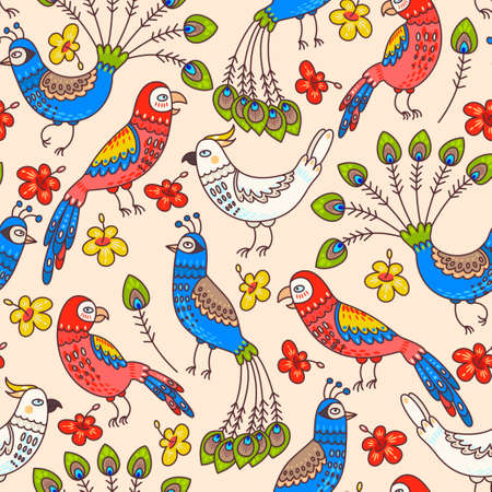 Decorative parrots and peacocks seamless background patternのイラスト素材
