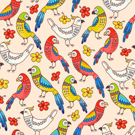 Colorful decorative cockatoo and macaw seamless backgroundのイラスト素材