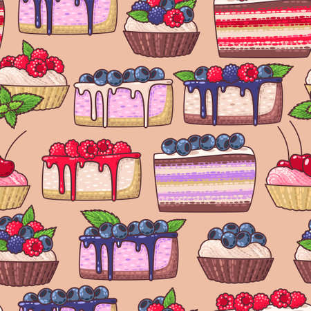 Cakes with fresh berries and peppermint seamless backgroundのイラスト素材