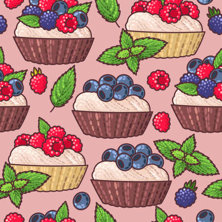 Cakes with fresh berries and peppermint seamless backgroundのイラスト素材