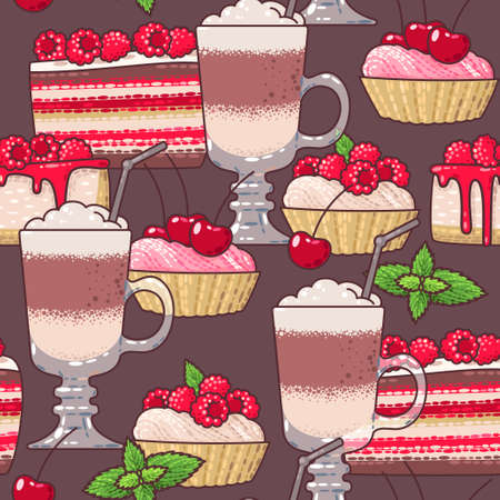 Coffee and cakes with fresh berries seamless backgroundのイラスト素材