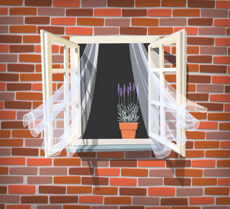 Illustration of open window with pot with lavenderのイラスト素材