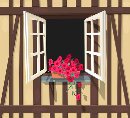 Open window in half-timbered house with red petuniaのイラスト素材