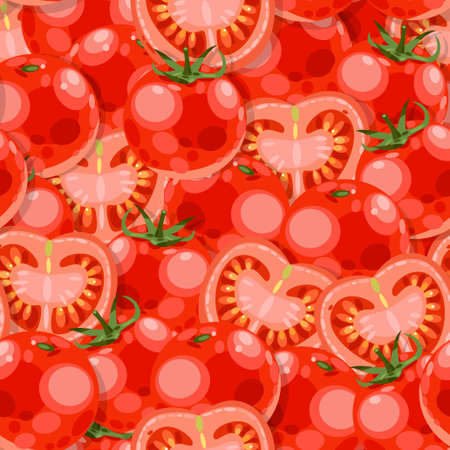 Red tomato and tomato slices vector seamless backgroundのイラスト素材