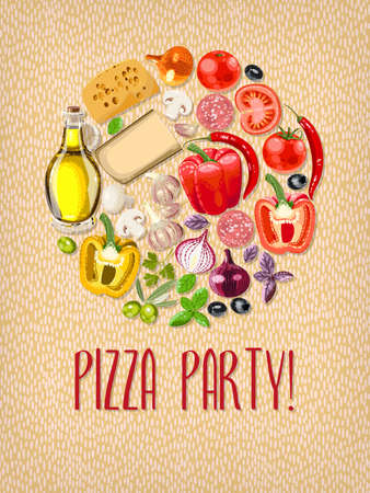 Pizza party invitation with ingredients for pizzaのイラスト素材