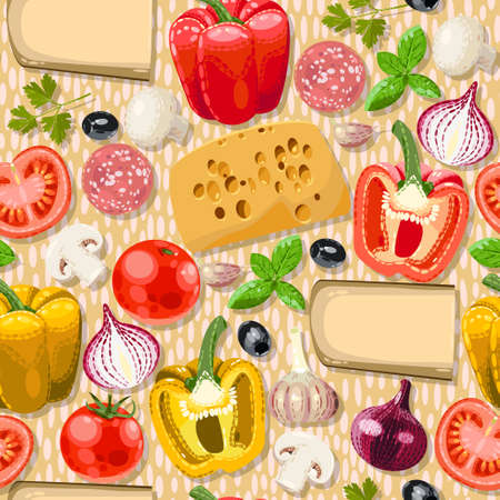 Different ingredients for pizza vector seamless backgroundのイラスト素材