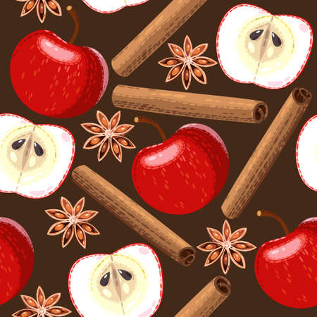 Apple, star anise and cinnamon vector seamless backgroundのイラスト素材
