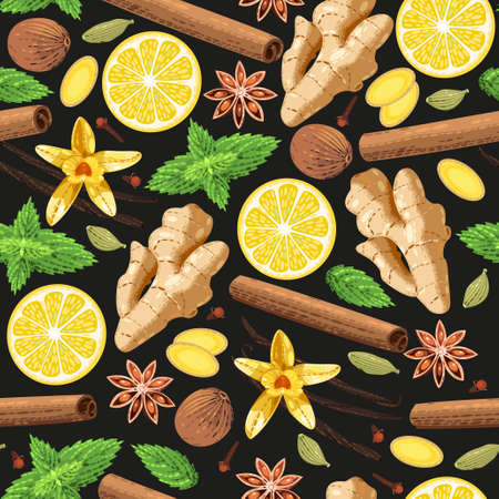 Vector seamless background with different gourmet spicesのイラスト素材
