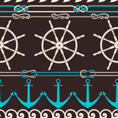 Seamless marine background with waves, knots and anchorsのイラスト素材