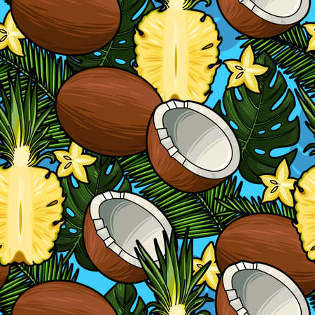 Coconut, pineapple and palm leaves seamless vector backgroundのイラスト素材