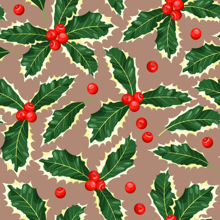 Holly leaves and berries seamless vector backgroundのイラスト素材