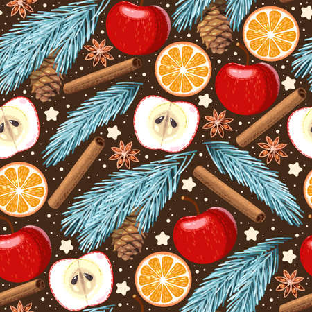 Apple, orange, cinnamon and star anise seamless backgroundのイラスト素材