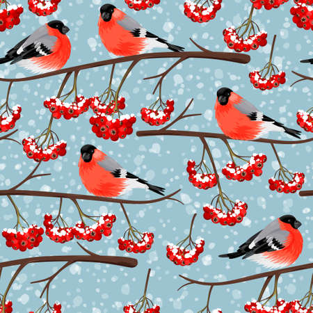 Bullfinch and rowan branches seamless vector backgroundのイラスト素材