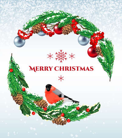 Vector christmas vintage postcard with bullfinch and rowan branchのイラスト素材