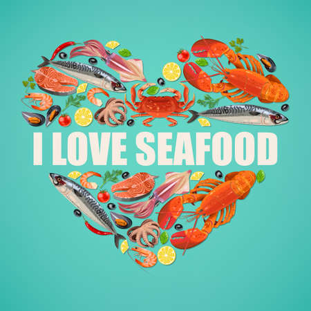 Vector illustration of fresh seafood on blue backgroundのイラスト素材