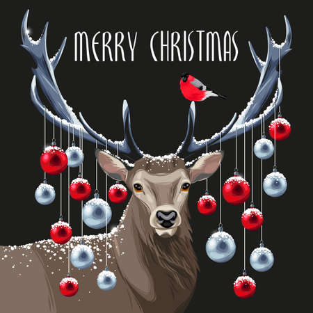 Postcard with christmas deer and christmas tree toys on its hornsのイラスト素材