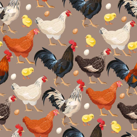 Detailed colorful hens vector seamless background patternのイラスト素材