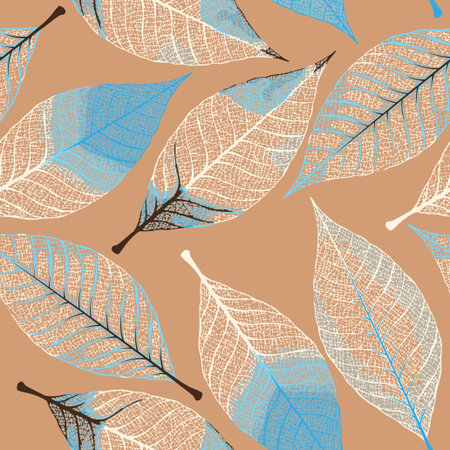 White skeletonized decorative leaves vector seamless backgroundのイラスト素材
