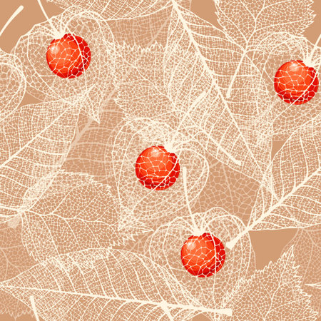 White skeleton winter cherry and leaves vector seamless backgroundのイラスト素材