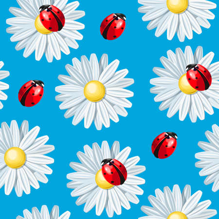 Colorful ladybug and camomile vector seamless backgroundのイラスト素材