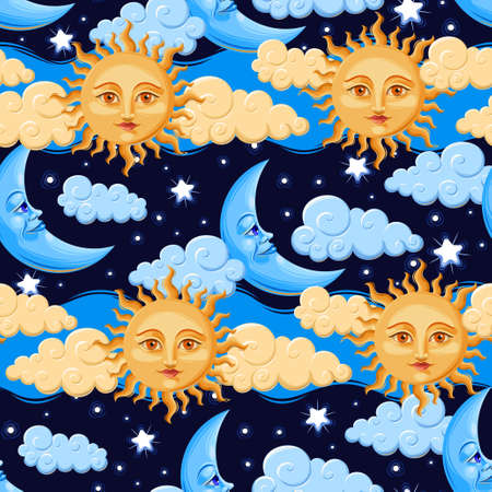 Sun and moon with human faces vector seamless backgroundのイラスト素材