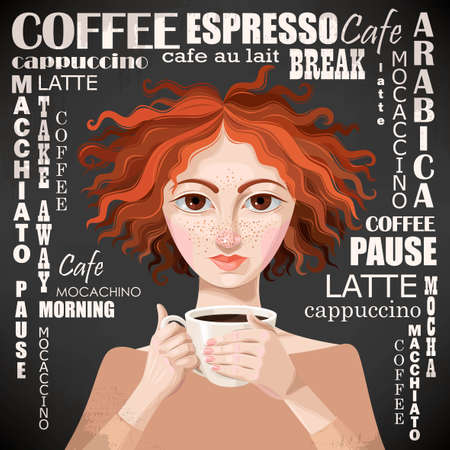 Vector illustration of pretty ginger girl with cup of coffeeのイラスト素材