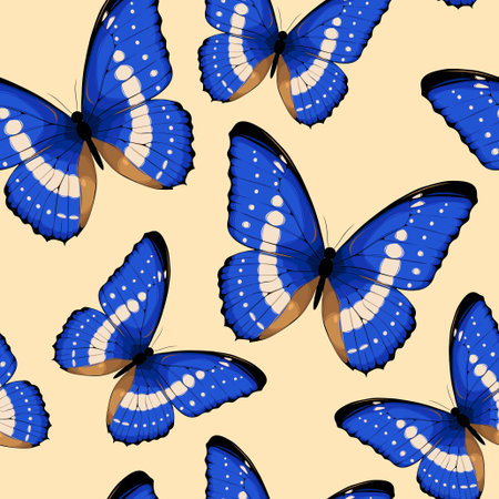 Blue tropical butterflies and butterfly silhouettes vector seamless background