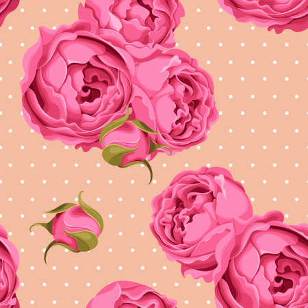 Peony roses and polka dot vector seamless backgroundのイラスト素材