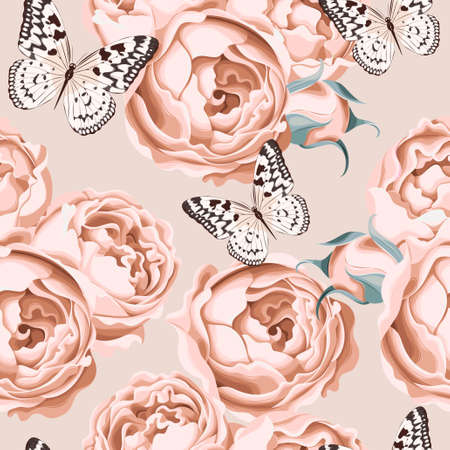 Peony roses and butterfly  seamless backgroundのイラスト素材