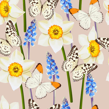 daffodil, muscari and butterfly seamless backgroundのイラスト素材