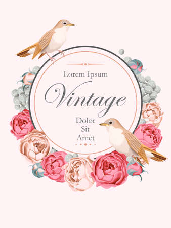Beautiful vintage vector card with nightingales and peony rosesのイラスト素材